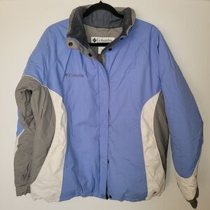 COLUMBIA Womans Jacket XL Blue Gray White Removable Hood Waterproof Ski Winter